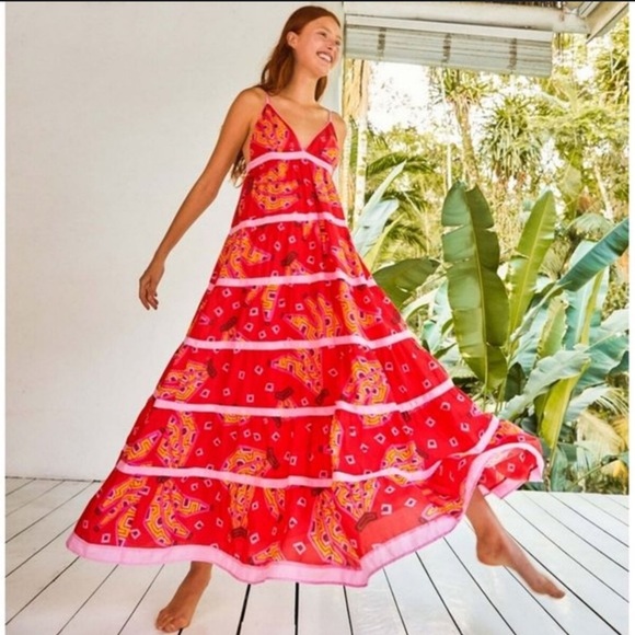 FARM Rio Dresses & Skirts - Farm Rio Tropical Banana Tiki Striped Maxi Dress M red & pink